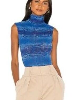 Revolve Sleeveless Blue Snake Print Turtleneck Bodysuit - Women's
